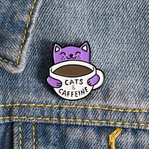 Enamel Purple Cat Coffee Cup Pin Animal Pet Kitten Coffee Lovers Badge For Women Men Funny Brooch Clothes Bag Lapel Pin Gifts