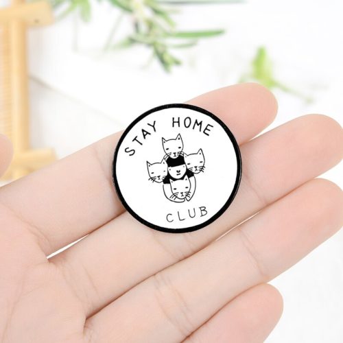 Cat Family Stay Home Enamel Pin White Black Round Animal Brooch Lapel Pin Buckle Fashion Badge Bag Clothes Jewelry Gift