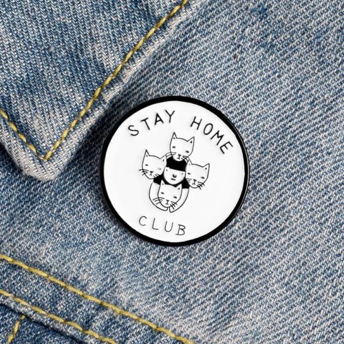 Cat Family Stay Home Enamel Pin White Black Round Animal Brooch Lapel Pin Buckle Fashion Badge Bag Clothes Jewelry Gift