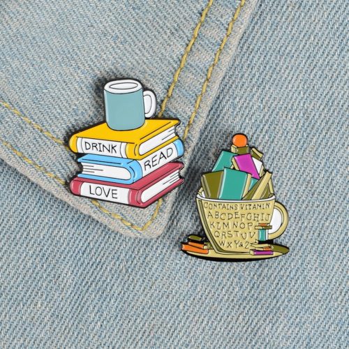 Books and Cup Enamel pins Love Reading Books Drink Coffee Brooches Reader Bookworm Badges Funny Cartoon Jewelry Gift Wholesale