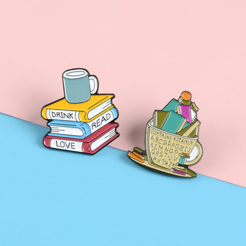 Books and Cup Enamel pins Love Reading Books Drink Coffee Brooches Reader Bookworm Badges Funny Cartoon Jewelry Gift Wholesale